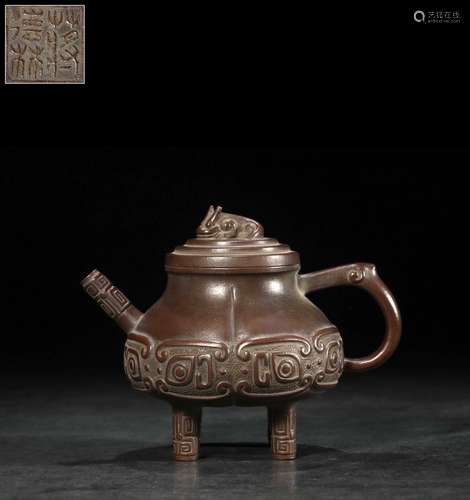 A Chinese Beast Four Legs Teapot, Jiang Delin Mark