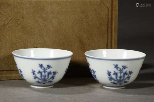 Pair Of Chinese Porcelain Blue&White Lotus Pattern Cups