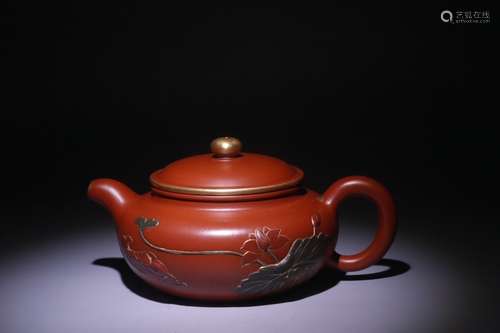 A Chinese Zisha Gilt Figure Tea Pot