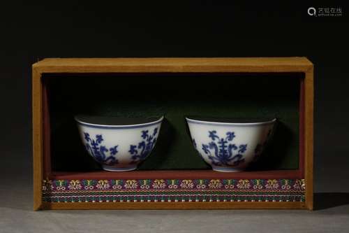 Pair Of Chinese Porcelain Blue&White Lotus Pattern Cups