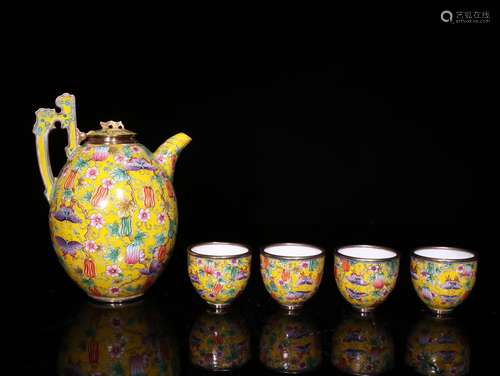 Set Of Chinese Qing Enameled Floral Bronze Vessels