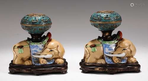 A Pair of Chinese Enameled Elephant Ornaments