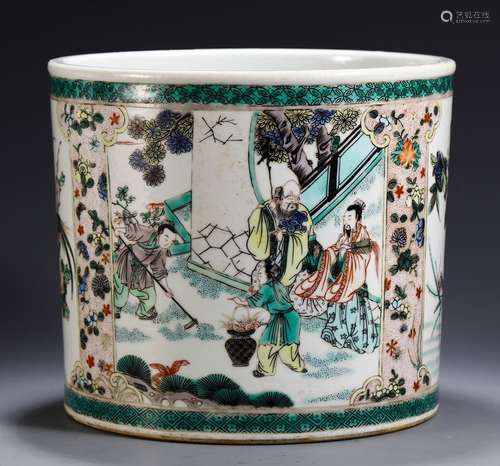 A Chinese Porcelain Wucai Figure Brush Pot