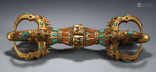 A Chinese Gilt Bronze Vajra Pestle Studded with Gem