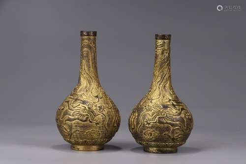 A Pair of Chinese Gilt Bronze Dragon Pattern Vases