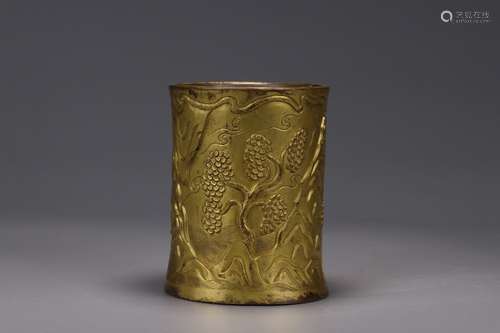 A Chinese Gilt Bronze Figure-Story Brush Pot