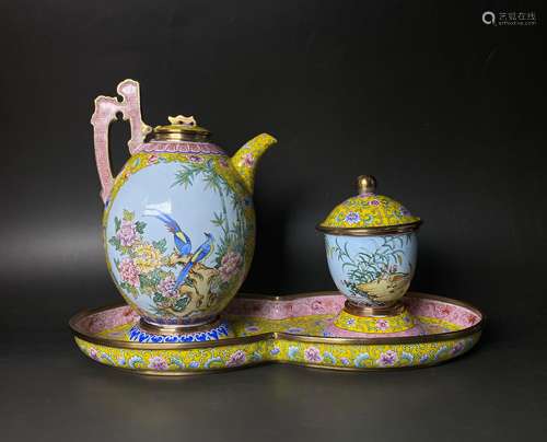 Cloisonne Bronze Flower & Birds Pot Set With Mark