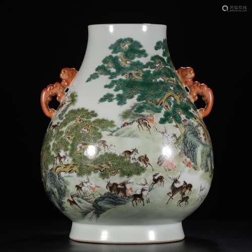 Hundred Deer Red Handled Vase