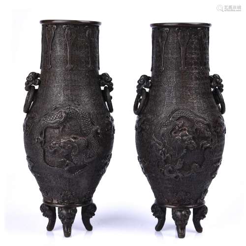 A Pair Of Bronze Dragon Vessels With Mark