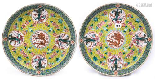 Pair Of Kangxi Yellow-Ground Famille Rose Dragon Plates