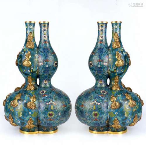 Cloisonne Enamel Conjoined Double Gourd Dragon Vases