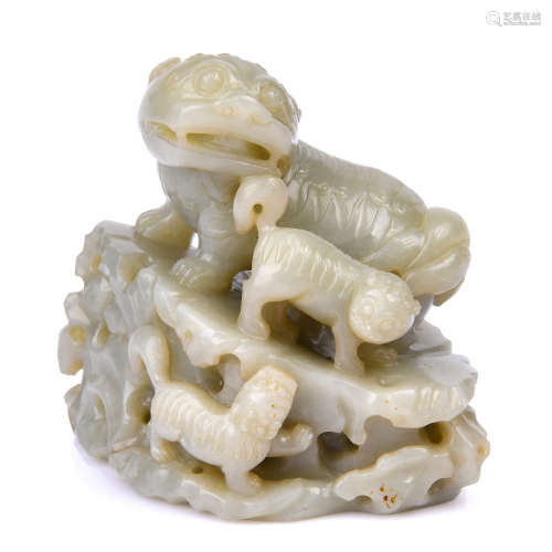 Carved White Jade Beast With Young