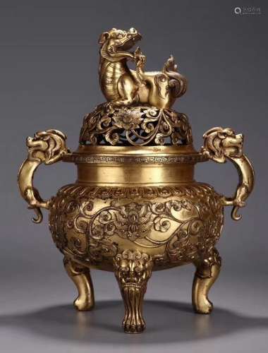 Ornate Gilt Bronze Tripod Dragon Censer With Mark
