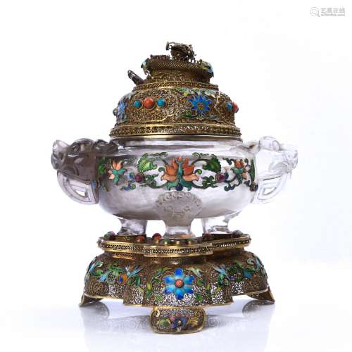 Crystal Tripod Censer On Gilt Stand With Inlaid Stone