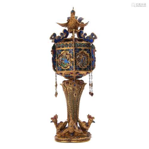 Chinese Gold Filigree Palace Lamp with Gem Inlay