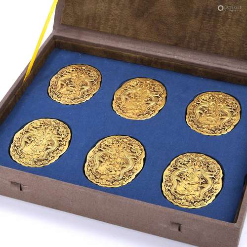 Finely Cast Gilt Bronze Dragon Plaques With Calligraphy