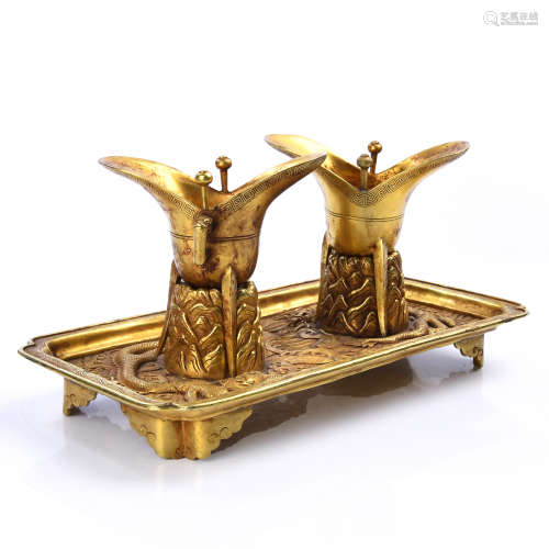 Ornate Gilt Bronze Jue Vessels On Dragon Tray