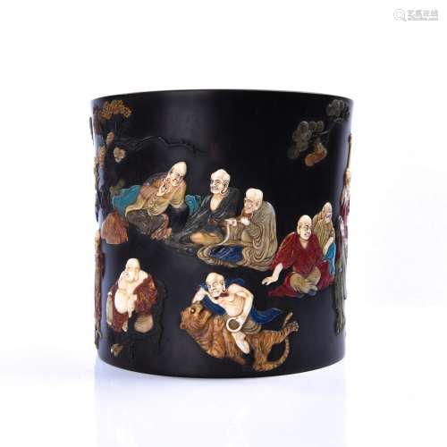 Wood Brush Pot With Inlaid Stone Wise Men