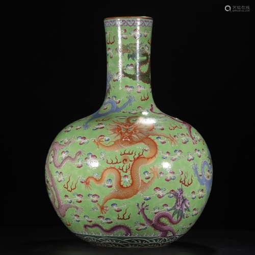Chinese Green Ground Porcelain Dragon Vase With Mark