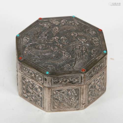 Octagonal Sino/Tibetan Silver Cover Box, 19th/20th C.