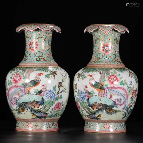 Pair Of Porcelain Phoenix Vases With Mark