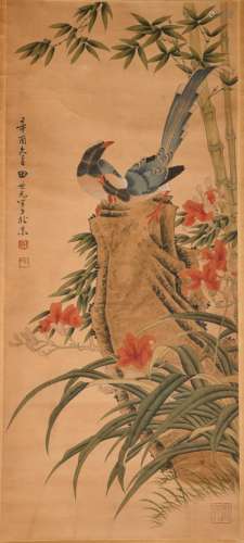 Chinese Scroll Painting  Two Birds On A Perch With Mark