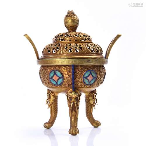 Exquisite Gold With Inlaid Turquoise Tripod Censer