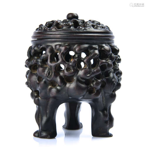 Chinese Carved Wood Tripod Censer
