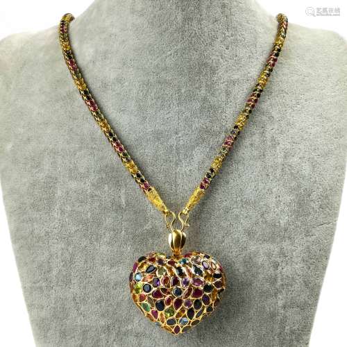 Gold With Inlaid Stone Heart Shaped Pendant And Necklac