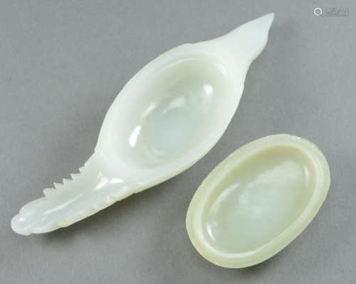 18/19th C. Pair of Chinese White Jade Bird Form Boxes