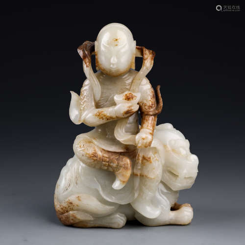 Finely Carved White And Russet Jade Figure on Mythical