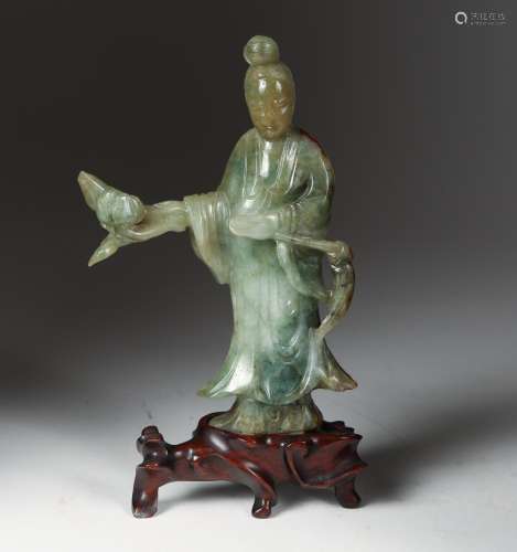 Chinese Carved Jadeite Guanyin Figure On Stand