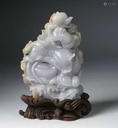 Chinese Carved Jadeite Lotus Group On Stand
