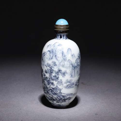 A Chinese Blue and White Landscape Inscribed Porcelain Snuff Bottle