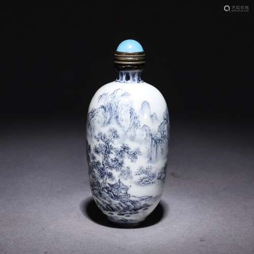 A Chinese Blue and White Landscape Inscribed Porcelain Snuff Bottle