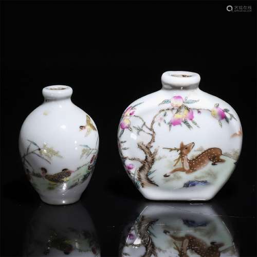 A Pair of Chinese Famille Rose Flower&Bird Pattern Porcelain Snuff Bottles