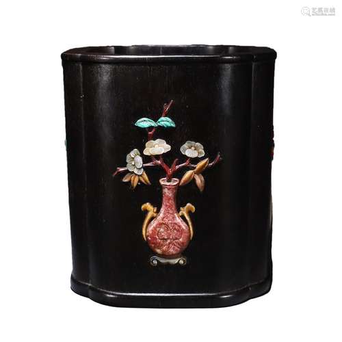 A Chinese Famille Verte Luotian Inlaid Red Sandalwood Brush Pot