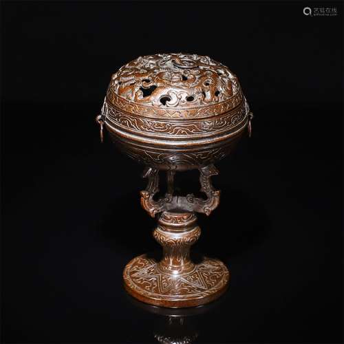 A Chinese Red Copper Beast Pattern Incense Burner