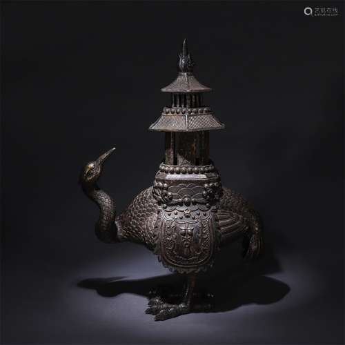 A Chinese Split Type Copper Bird Pagoda Shaped Incense Burner