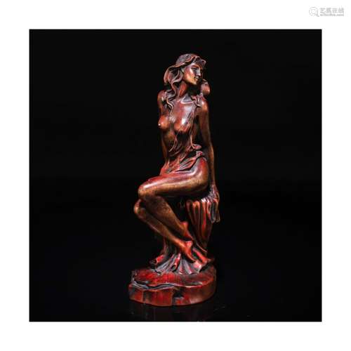 A Chinese Boxwood Carved Beauty Statue