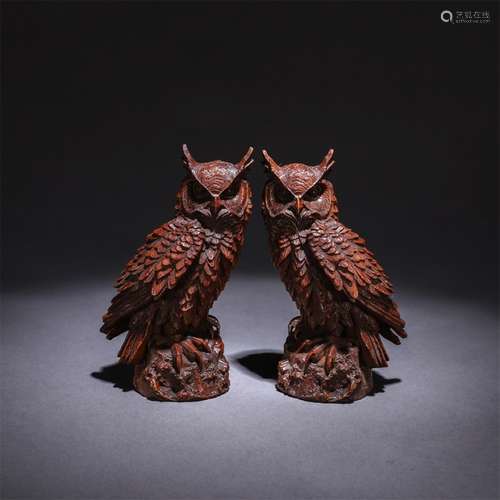 A Pair of Chinese Boxwood Carved Owl Ornaments