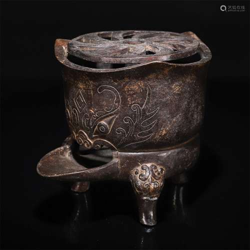 A Chinese Beast Pattern Copper Three-legged Incense Burner