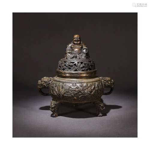 A Chinese Maitreya Buddha Bronze Beast Ears Incense Burner