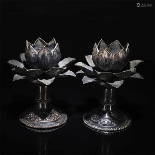 A Pair of Chinese Copper Carved Lotus candlestick