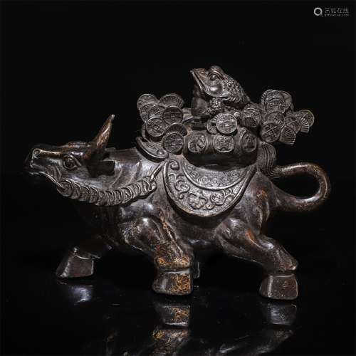 A Chinese Bronze Ox and Toad Ornament