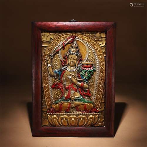 A Chinese Gild Bronze Manjusri Bodhisattva Statue Inlaid Rosewood  Ornament