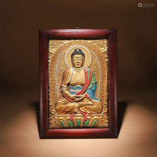 A Chinese Gild Bronze Sakyamuni Statue Inlaid Rosewood  Ornament