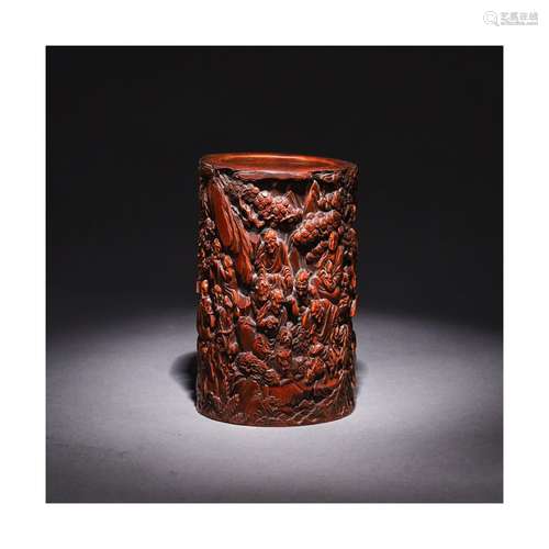 A Chinese Pine Tree and Arhat Carved Boxwood Brush Pot