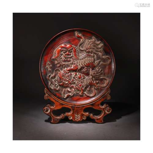 A Chinese Lion Pattern Carved Red Rosewood Ornament