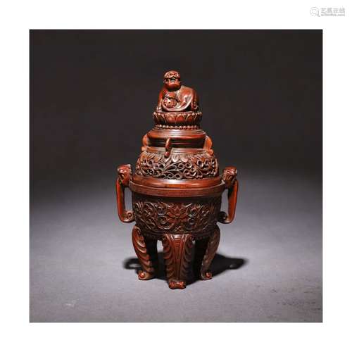 A Chinese Beast Pattern Carved Floral Boxwood Incense Burner